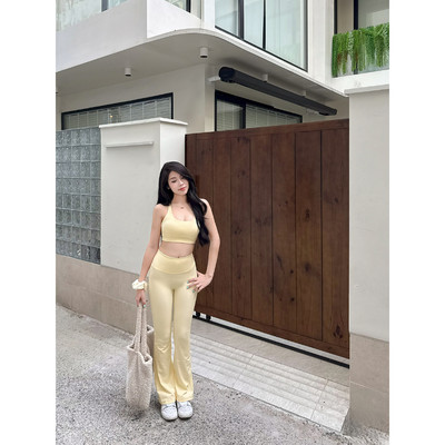 Bộ đồ tập gym, yoga, pilates nữ Fitme áo bra vàng pastel Glow, quần legging ống loe Flare vàng pastel