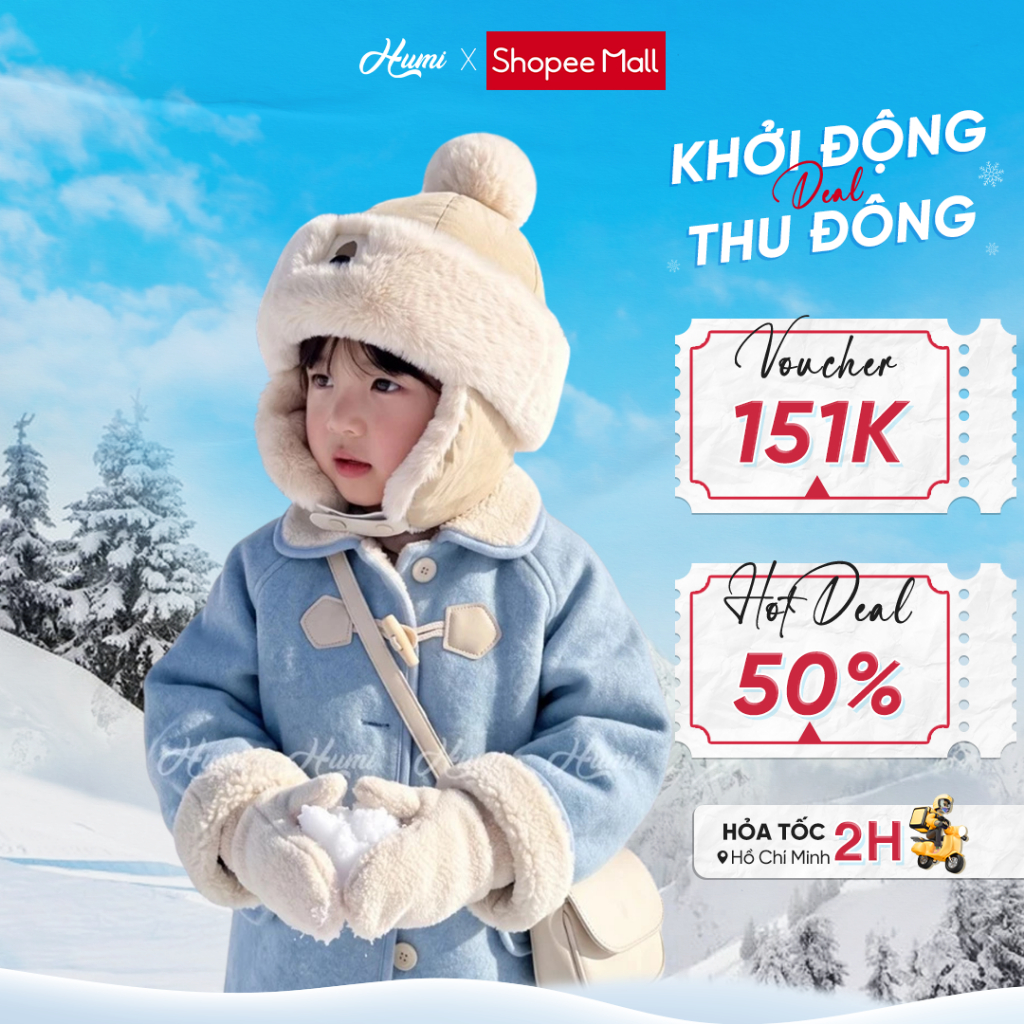 Mũ len cho bé HUMI giữ ấm mùa đông bé trai bé gái 3 đến 10 tuổi chất len cao cấp thiết kế dễ thương