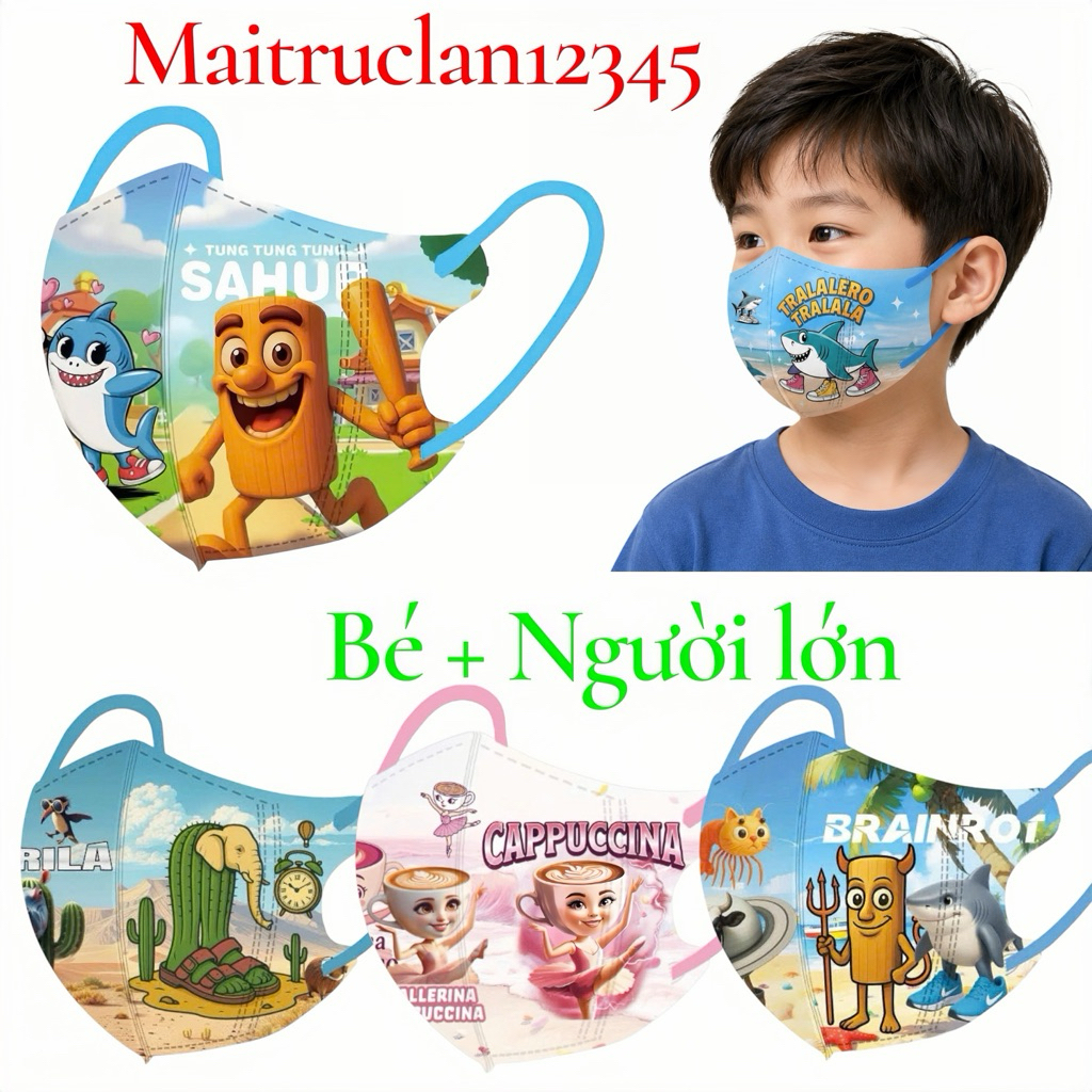 Combo 10/50 Cái Khẩu Trang Hoạ Tiết Tung Tung Tung Sahur cho Bé (3-8 tuổi 14-30kg)Và người lớn