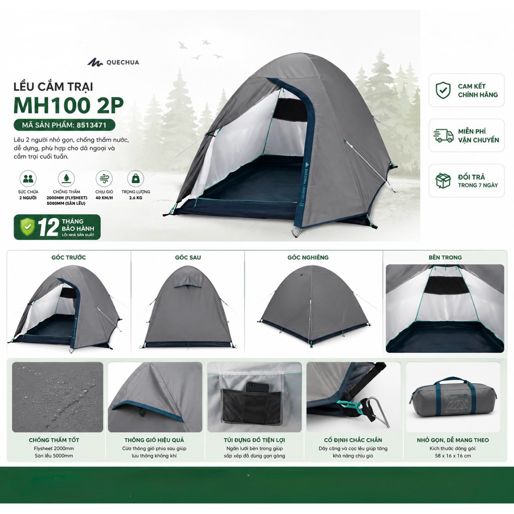 Lều cắm trại mh100 2 người DECATHLON quechua mã 8513471