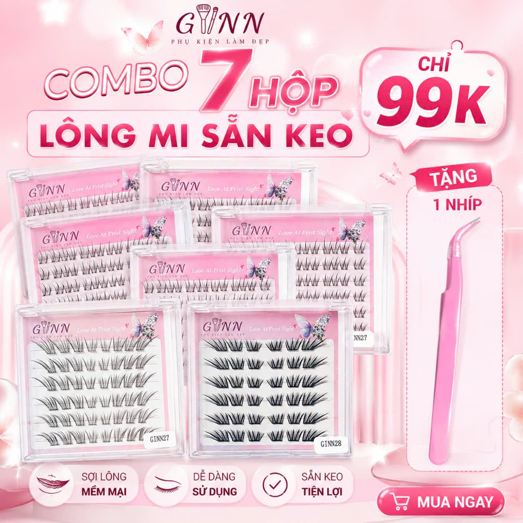 7 hộp 99k - Mi giả Ginn Shop, Lông Mi giả tự dính, Không cần sử dụng keo, Mi giả keo sẵn, sẵn keo