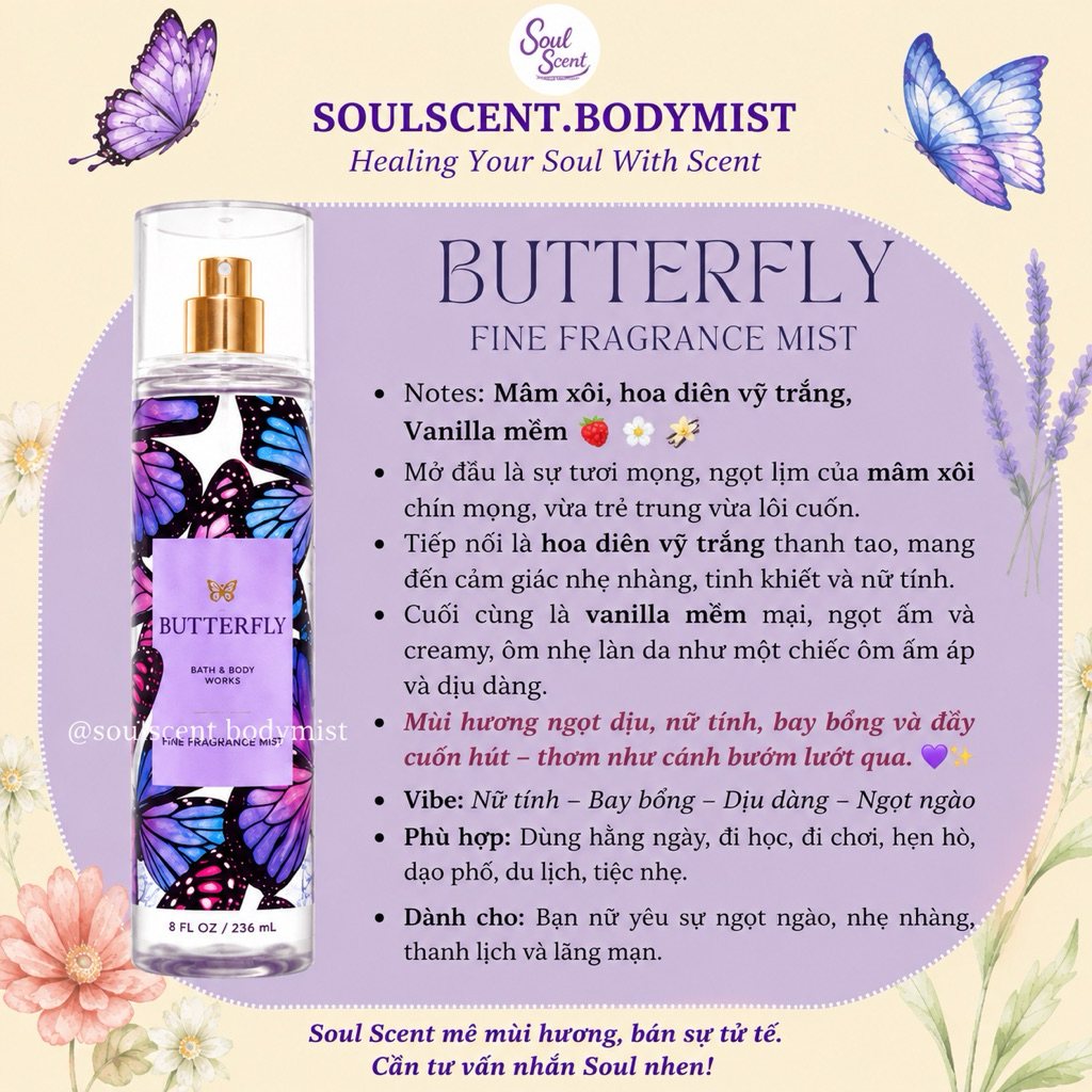 BUTTERFLY Body mist xịt thơm toàn thân Bath & Body Works (AUTH Mỹ) | Soul Scent
