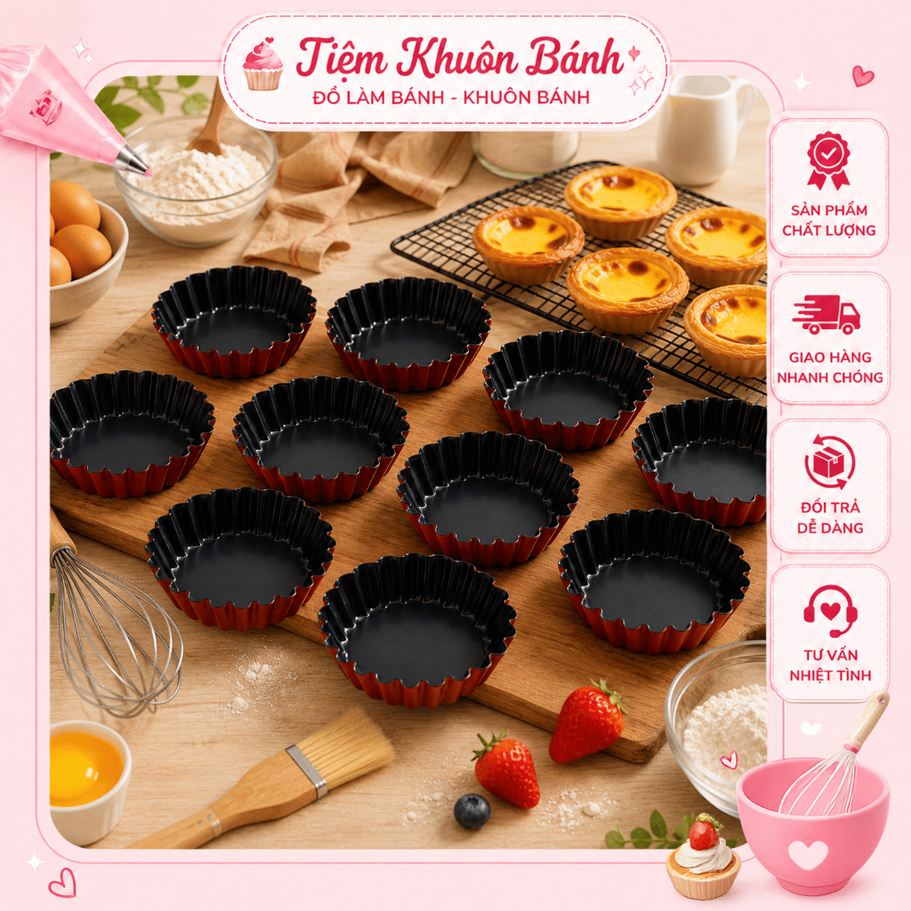 Set 10 Khuôn Tart Trứng Đế Rời Chống Dính 7.8cm Khuôn Bánh Tart Quiche Bánh Trứng 160 Tiệm Khuôn Bán