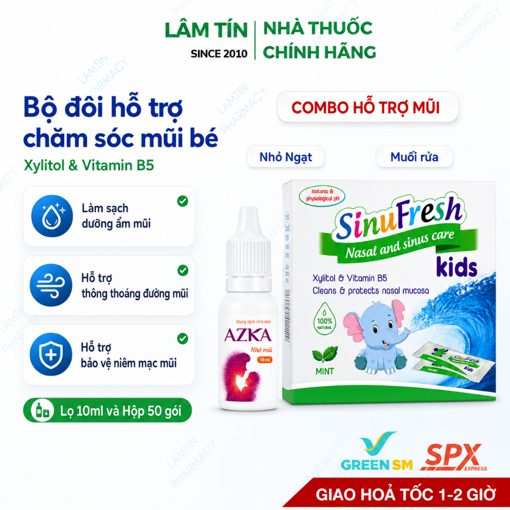 Combo Azka nhỏ mũi giảm ngạt và Muối SinuFresh kids rửa mũi xoang cát linh cho trẻ em Hộp 40gói