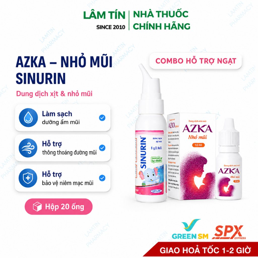 Combo Xịt rửa mũi Sinurin của dược Cát Linh từ muối biển cho bé từ 3 tháng 120ml và Azka nhỏ mũi giả
