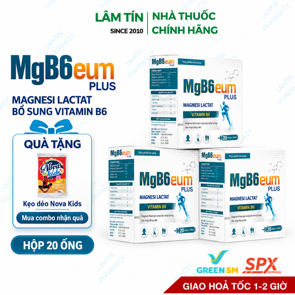 ( Thực phẩm bổ sung ) Combo 3h Magie B6 EUM bổ sung magine giảm trằn trọc cho bé ống uống Hộp 20 ống