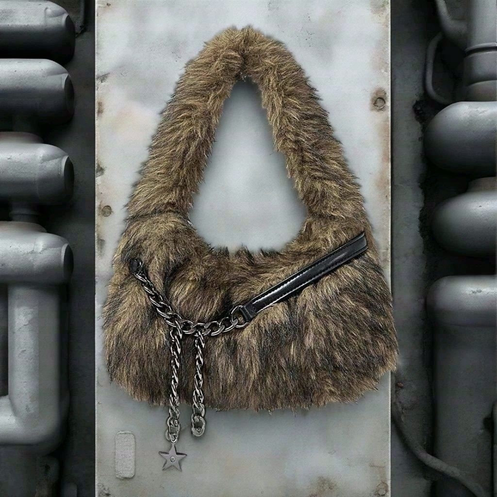 [SẴN - HỎA TỐC] Túi Lông Phong Cách Punk – Vintage Furry Hobo Shoulder Bag for Streetwear & Y2K Grun