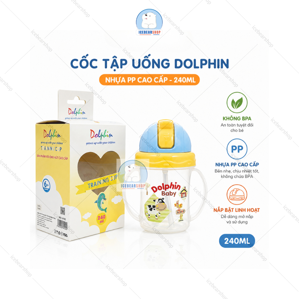 Bình Uống Nước (ống hút) Dolphin 240ml, Bình Nước Cho Bé Có Tay Cầm Nhựa PP  An Toàn