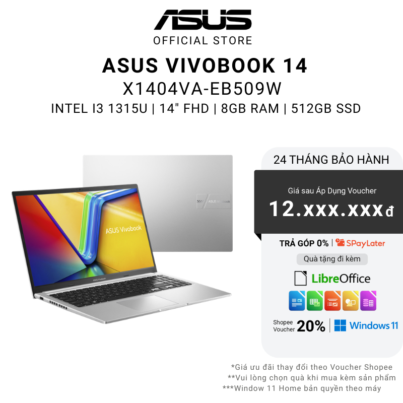 Laptop ASUS Vivobook X1404VA-EB509W Core i3-1315U | 8GB | 512GB | Intel UHD | 14" FULLHD Win 11 Bạc