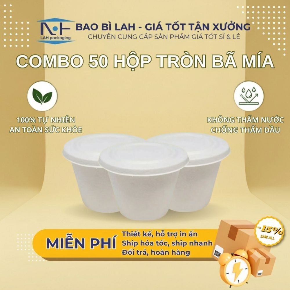 Combo 50 Hộp Tròn Bã Mía 500ml BAOBILAH Có Nắp Tự Phân Hủy Chịu Nhiệt Lò Vi Sóng Đựng Canh Súp LF021