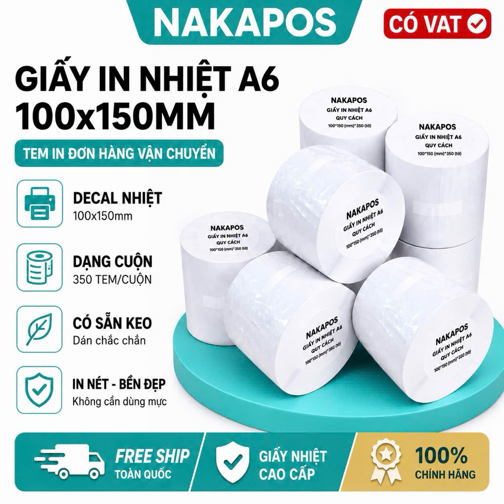 Giấy In Nhiệt 100x150mm A6 A7 Cuộn 350 Tem Sẵn Lớp Dán Giấy In Đơn Hàng hóa đơn 100*150 Decal in bil