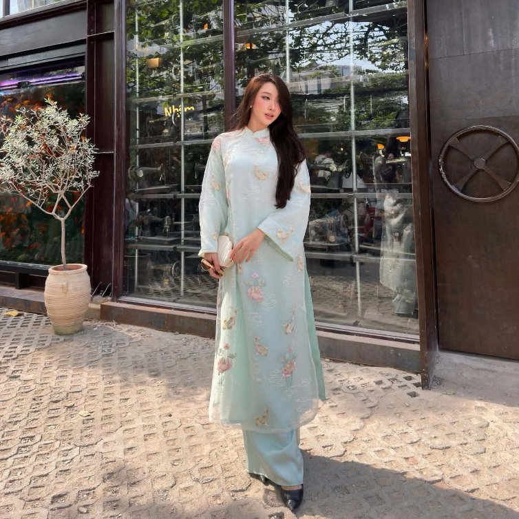 Áo Dài Ngọc Liên - Cổ Truyền Thống - EDINI - A1709LB - Xanh