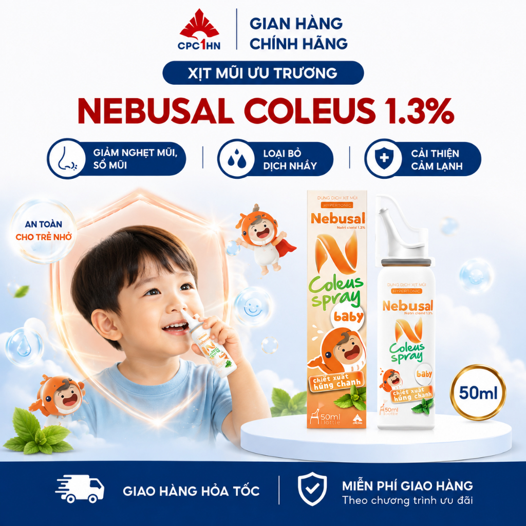 Xịt Mũi Ưu Trương Cho Bé NEBUSAL Coleus Húng Chanh Giảm Nghẹt Mũi, Sổ Mũi, Cảm Lạnh