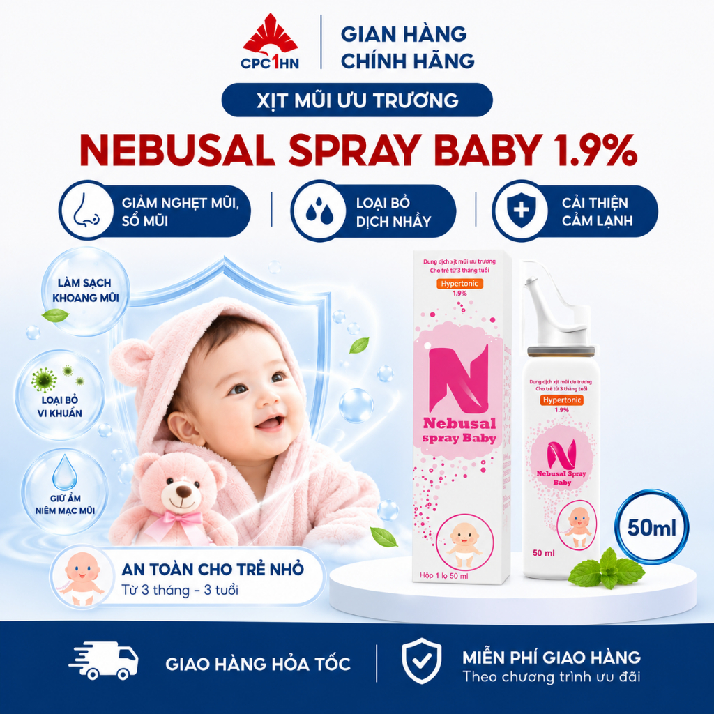 Xịt Mũi Ưu Trương NEBUSAL spray Nước Muối 1,9% Thông Mũi Nghẹt, Giảm Sổ Mũi Cho Trẻ Từ 3 Tháng