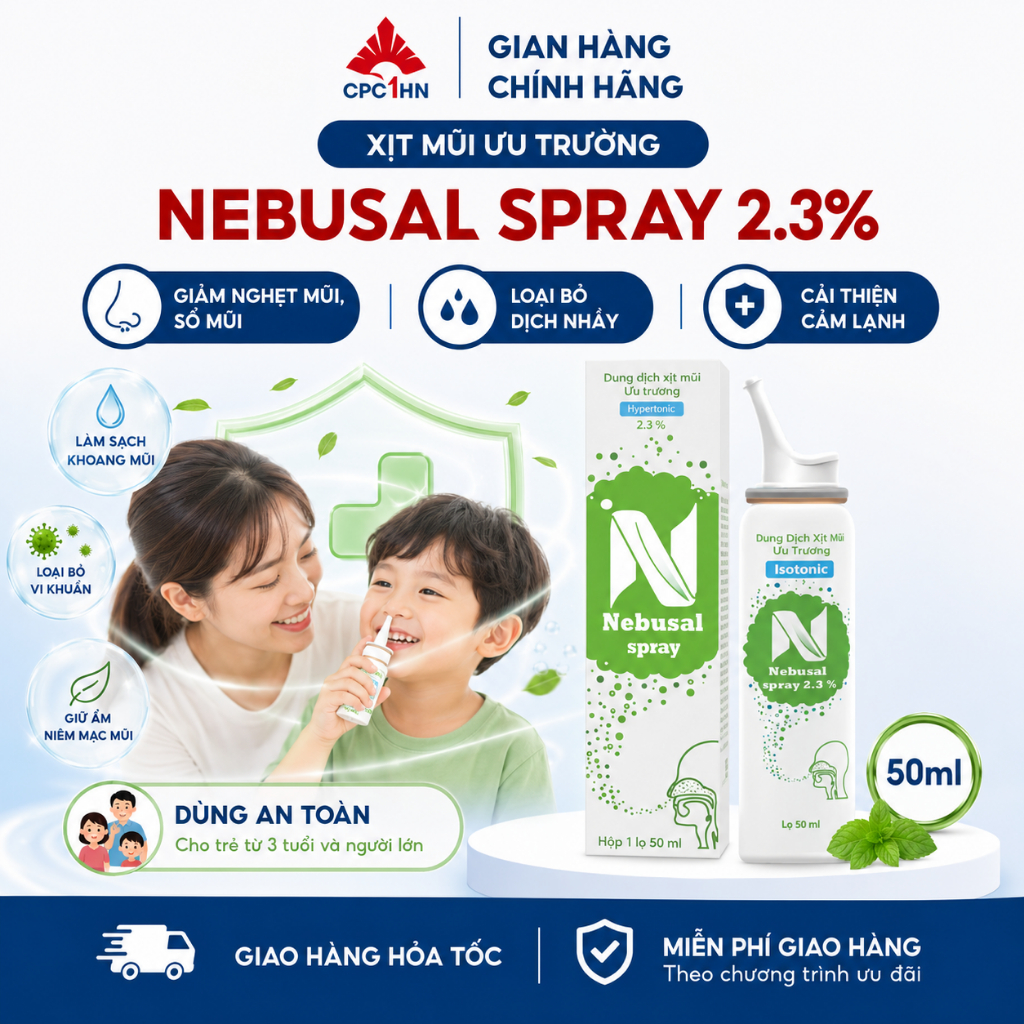 Xịt Mũi NEBUSAL Nước Muối ưu trương 2.3% Kháng Khuẩn Giảm Viêm Mũi Xoang Nghẹt Mũi