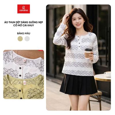 Áo thun nữ CARDINA chất liệu thun dệt dáng suông nẹp cổ mở cài khuy 6ATD01