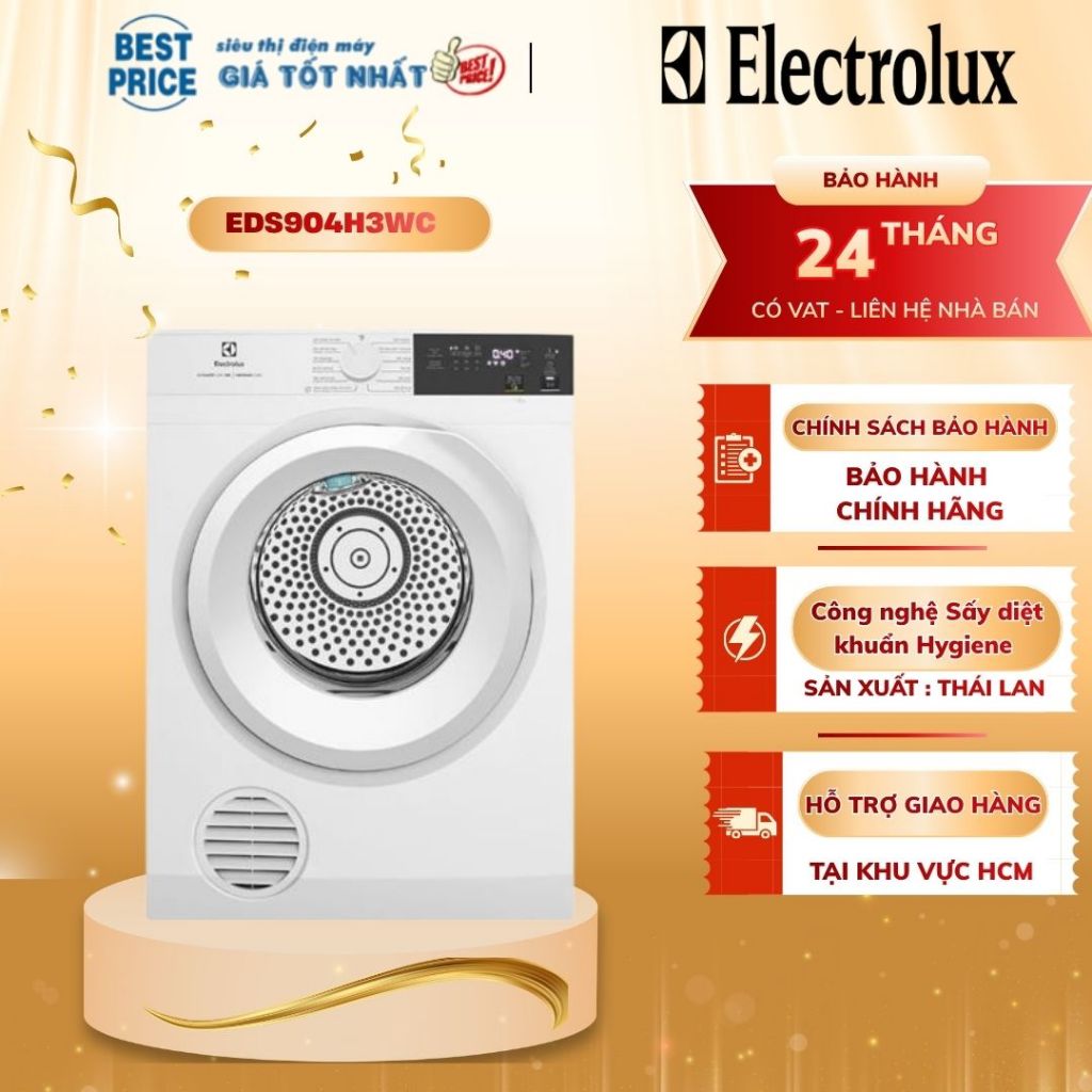 EDS904H3WC Máy sấy thông hơi Electrolux 9kg Hygienic Care, model 2024, sx Thái Lan EDS904H3WC