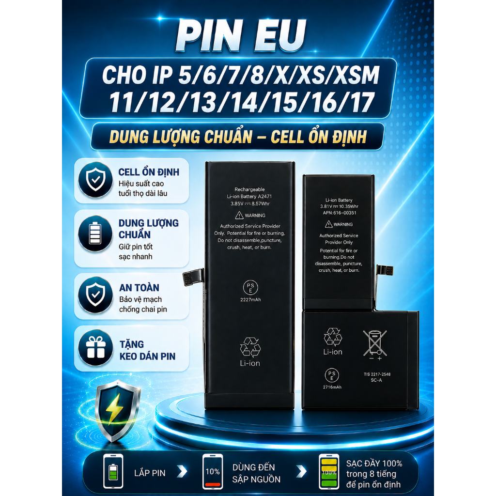 Pin EU Cho IP 5/6/7/8/X/XR/XS/XSM/11/12/13/14/15/16 Pin Thay Thế Dung Lượng Chuẩn Cell Ổn Định