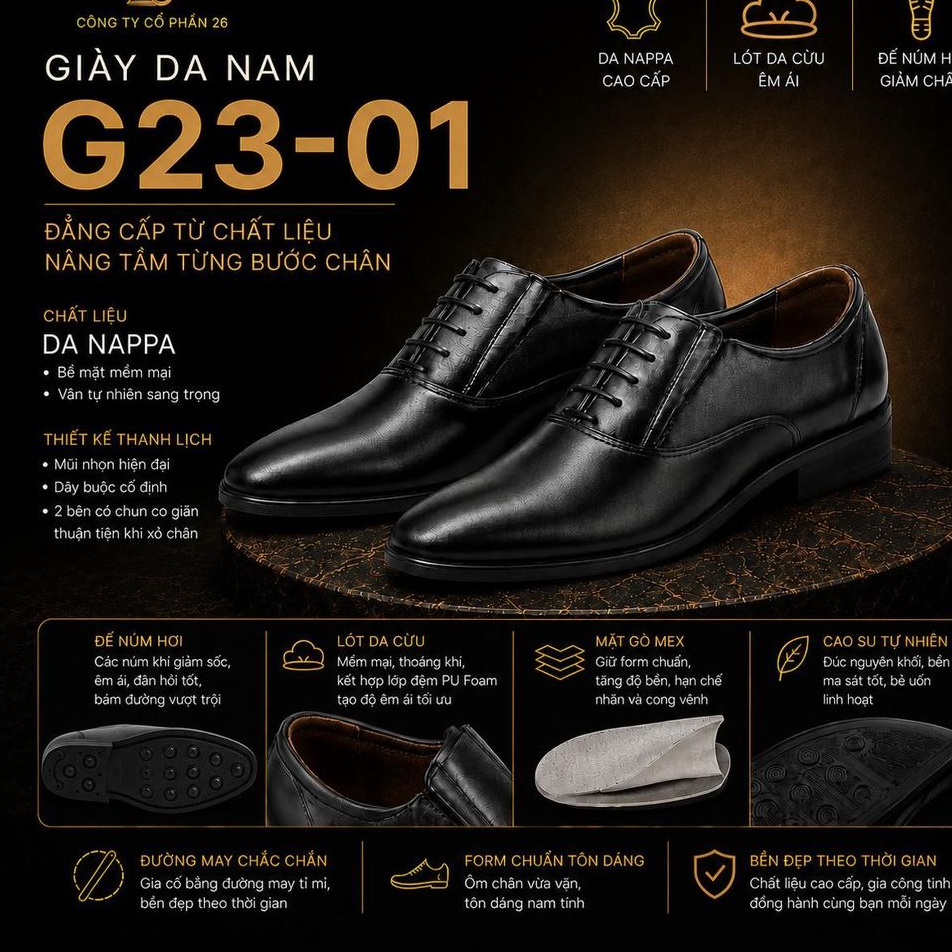 Giày da G23-01 da nappa, đế núm, lót da cừu HCM
