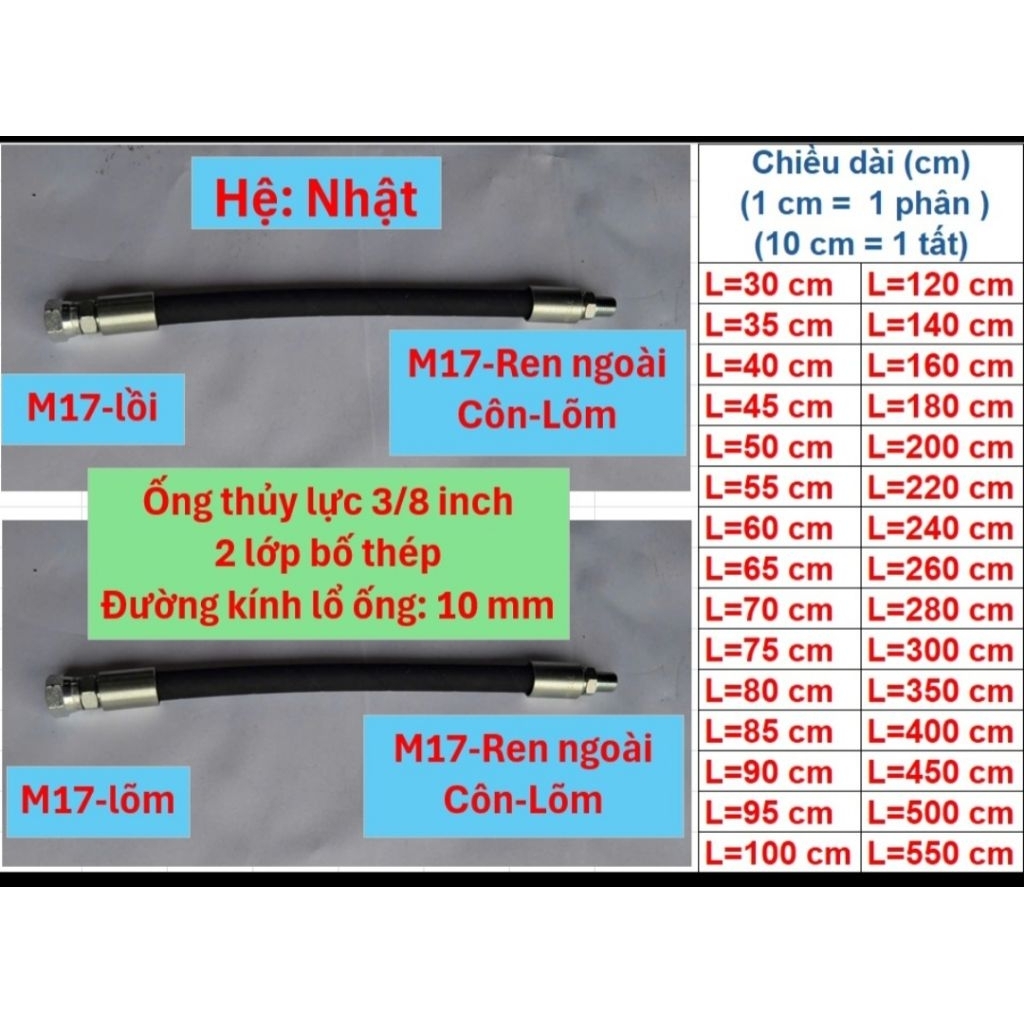 Ống thủy lực 3/8 inch, 2 lớp bố thép, bấm 2 đầu hệ Nhật, 1 đầu M17, 1 đầu M17 ren ngoài - Côn - Lõm.