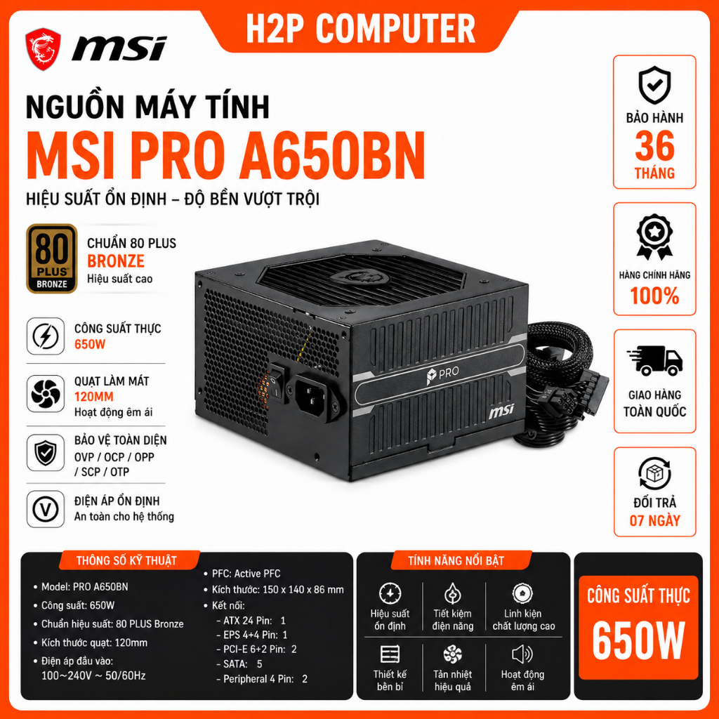 Nguồn máy tính MSI PRO A650BN 650W 80 Plus Bronze cáp dẹt đen chuyên Game - Chính hãng