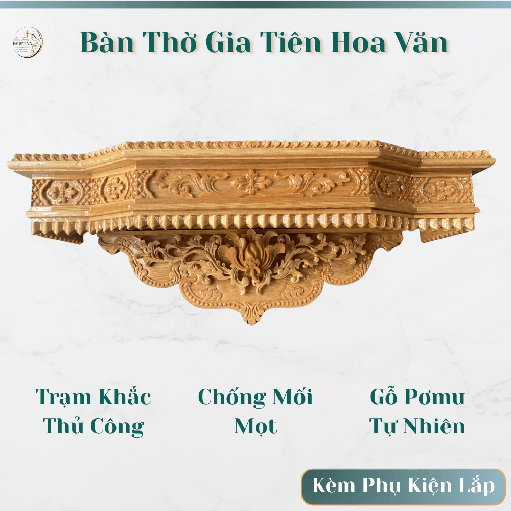 Bàn Thờ Gia Tiên Gỗ Pơmu Treo Tường Trạm Khắc Hoa Văn Cao Cấp | Bàn Thờ Gỗ Pơnu Thờ Cúng Tổ Tiên Đẹp