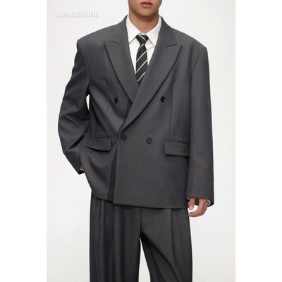 Set Vest Nam MANDORINE Blazer Mixer + Quần Relax-Trouser 2 Màu Đen Xám Form Suông Vải Tuytsi - BLZ025