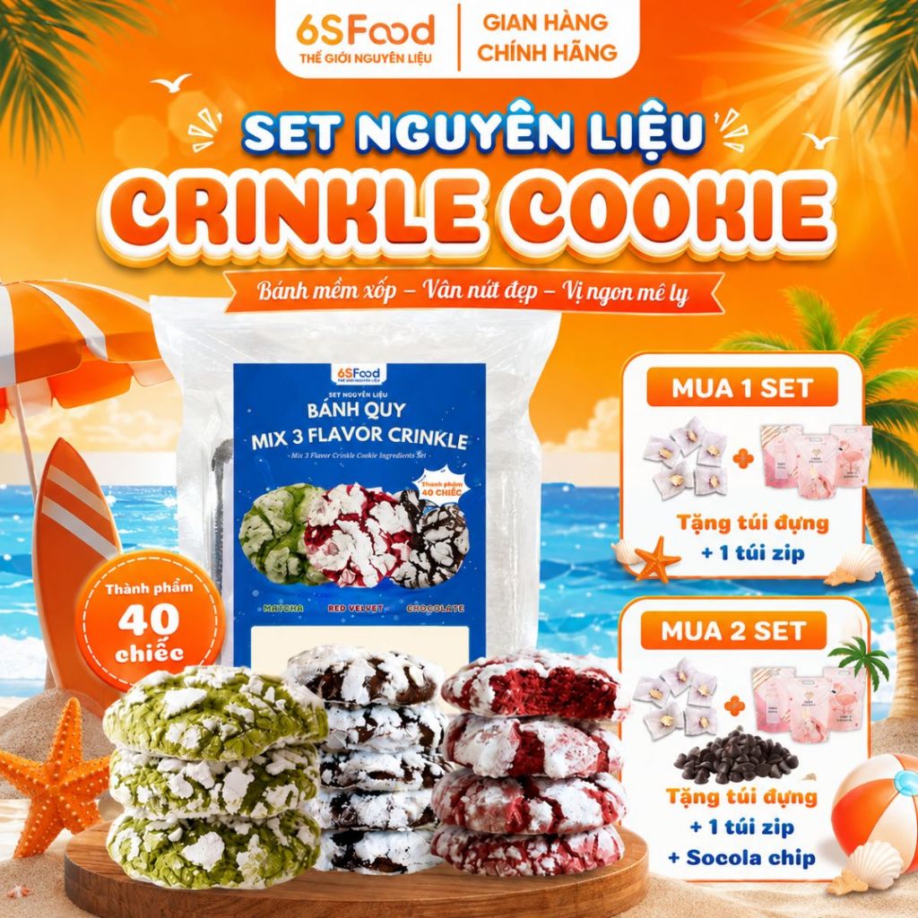 Set nguyên liệu bánh quy cookie Crinkle, cookie tặng 8/3 3 Vị Red Velvet, Cacao, Matcha - 6 SFOOD