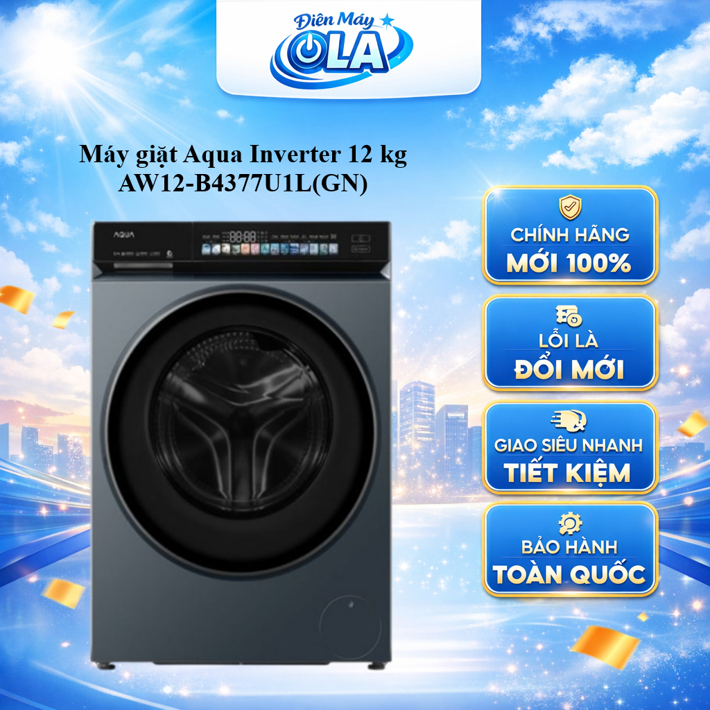 (HCM) - AW12-B4377U1L(GN) - Máy giặt Aqua Inverter 12 kg AW12-B4377U1L(GN) GIẶT HƠI NƯỚC