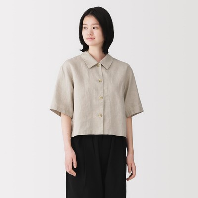 [26AW] MUJI Áo Sơ Mi Nữ Vải Washed Linen Tay Ngắn