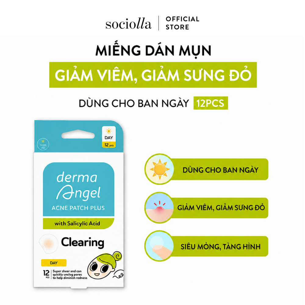 Miếng Dán Mụn Giảm Viêm, Giảm Đỏ Dùng Ban Ngày Derma Angel Plus 12 pcs