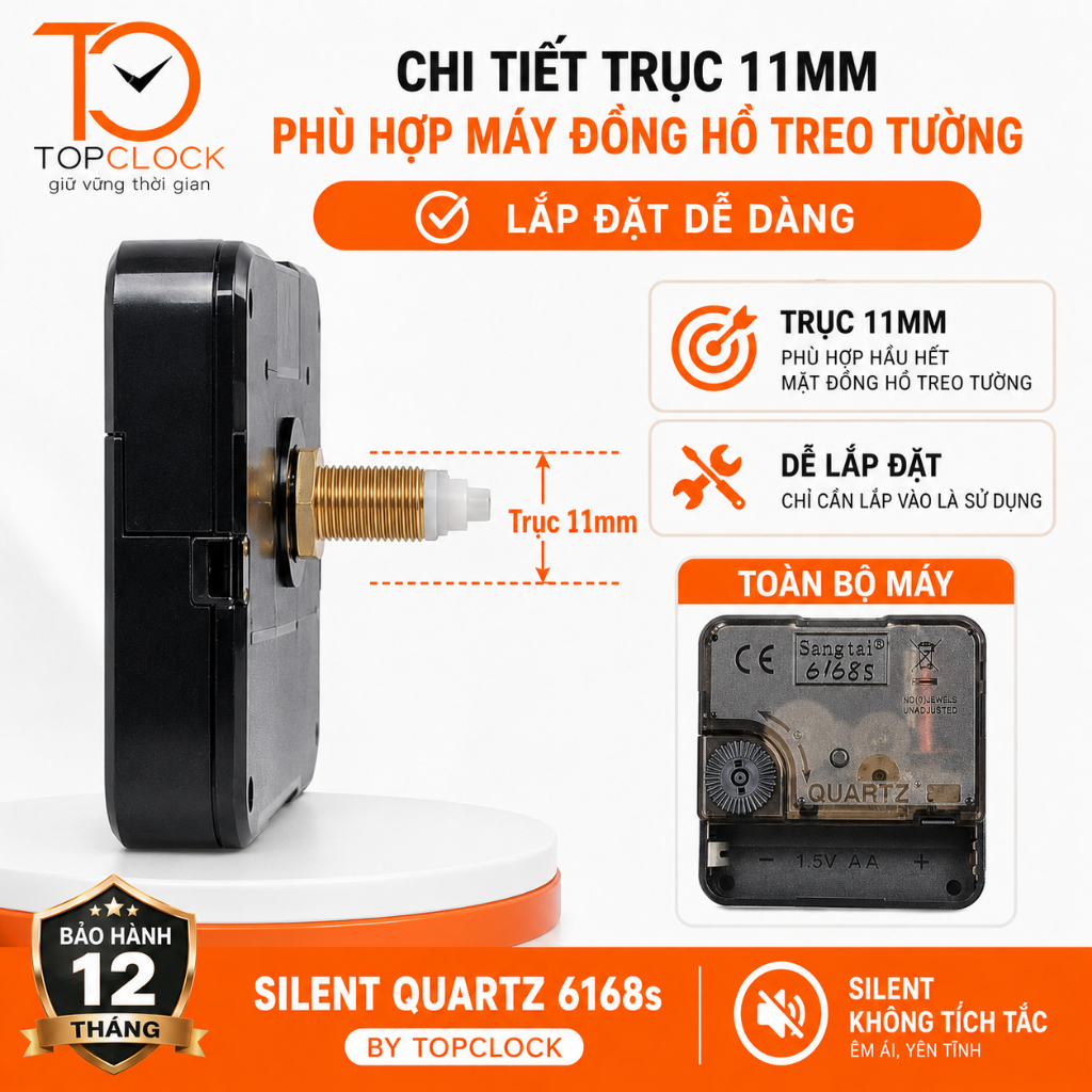 Máy Đồng Hồ Treo Tường Silent Quartz 6168s – Siêu Chính Xác ±03 Giây/Tháng – Trục 11mm