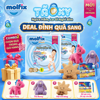 [Chọn QUÀ trong giỏ hàng] Oxy Jumbo XXXL_Combo 2 Tã/bỉm quần Molfix Oxy Jumbo SIZE XXXL giúp Ngừa Hăm Tã