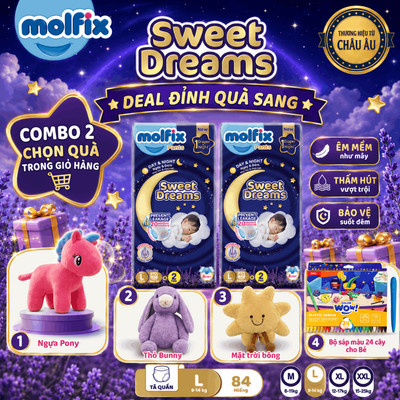 [Chọn QUÀ trong giỏ hàng] Combo 2 Tã quần ban đêm cho bé Molfix Sweet Dreams Jumbo CHỐNG TRÀN HIỆU QUẢ đủ các size