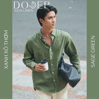 DODEP Áo sơ mi nam linen 100% tay dài cổ button-down