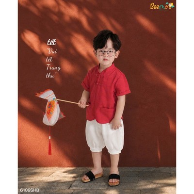Set bộ cộc tay trung thu cổ tàu phối hoạ tiết hoa văn chìm chât liệu vải lụa cho bé trai từ 9-24kg 6109SHB
