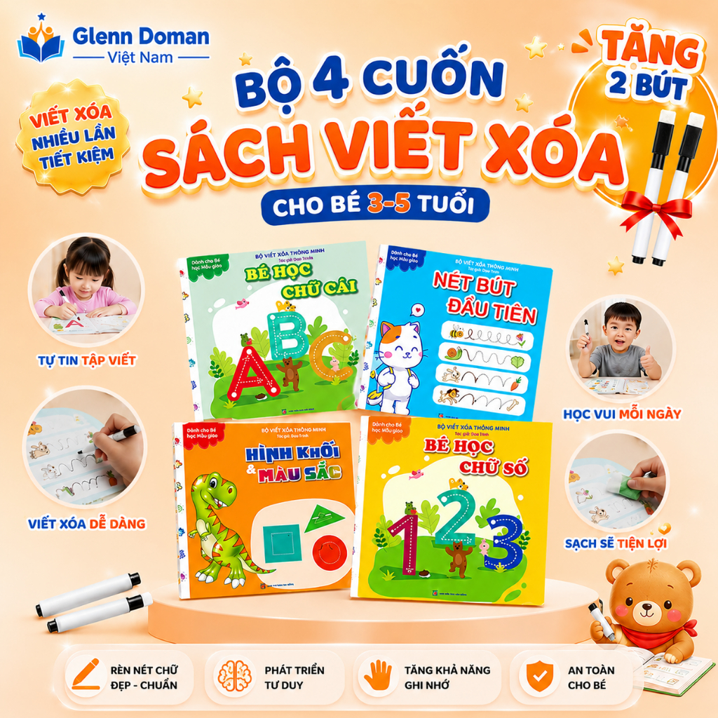 Bộ 4 Cuốn Sách Viết Xóa Thông Minh TNBOOKS Chữ Cái, Chữ Số, Nét Bút Đầu Tiên, Hình Khối và Màu Sắc