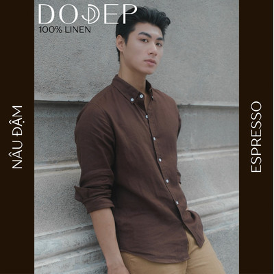 DODEP Áo sơ mi nam linen 100% tay dài cổ button-down