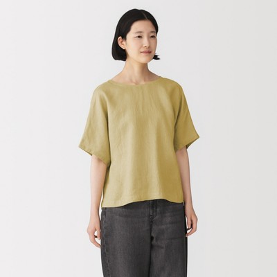 [26AW] MUJI Áo Blouse Nữ Vải Washed Linen Tay Ngắn