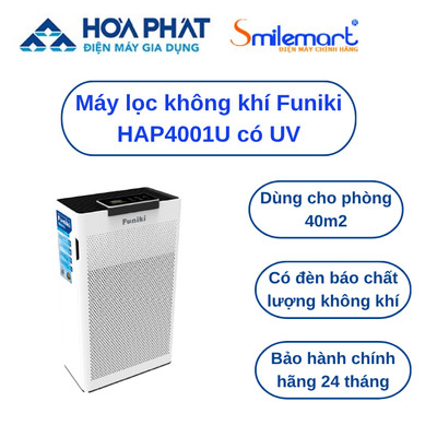 Máy lọc không khí Funiki HAP4001U có đèn UV diệt khuẩn, dùng cho phòng diện tích 40m2 - Bảo hành chính hãng 24 tháng.