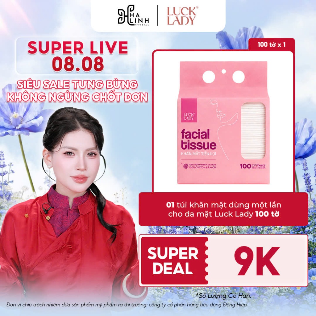 [SPD VHL x LUCK LADY] 1 túi khăn mặt dùng một lần cho da mặt Luck Lady 100 tờ dạng túi rút đáy