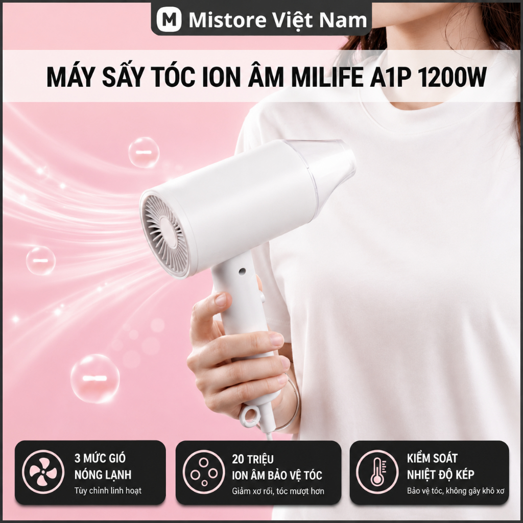 Máy sấy tóc miLife A1P 1200w ánh sáng xanh, 20 triệu ion âm bảo vệ tóc