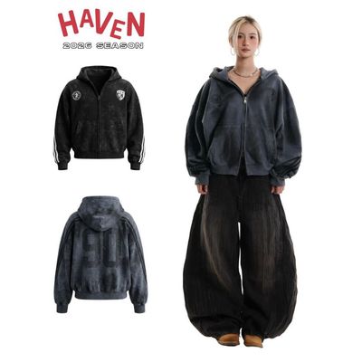 Áo Khoác Hoodie Wash Sọc Haven Studio nam nữ form rộng hai màu xám, đen