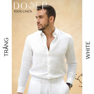 DODEP Áo sơ mi nam linen 100% tay dài cổ button-down