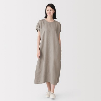 [26AW] MUJI Đầm Nữ Vải Washed Linen Tay Ngắn
