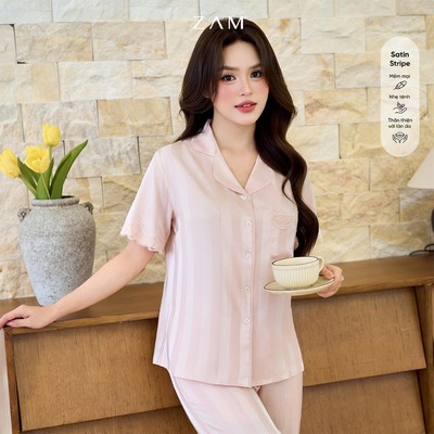 Bộ mặc nhà ZAM Áo ngắn tay quần đùi & quần dài Satin phối ren mềm mại thoáng mát. TCDB2 TCLB2 TDTB2