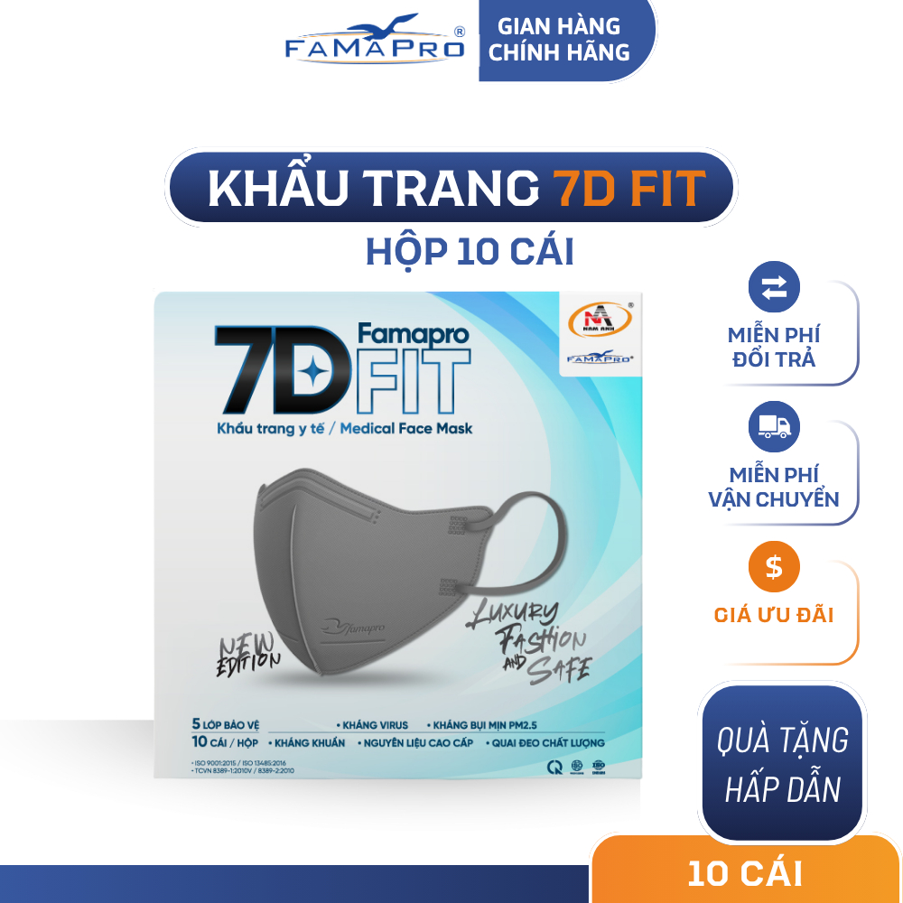 [Hộp 10 cái ] Khẩu trang y tế cao cấp 5 lớp Nam Anh Famapro 7D FIT