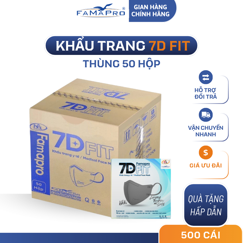 Khẩu trang y tế cao cấp Nam Anh Famapro 7D FIT Thùng 50 hộp 5 lớp (10 cái/ hộp)