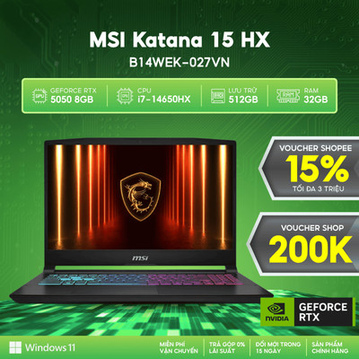 Laptop Gaming MSI Katana 15 HX B14WEK-027VN (i7-14650HX | GeForce RTX™ 5050 8GB | 32GB | 512GB | 15.6' QHD 165Hz | Win 1