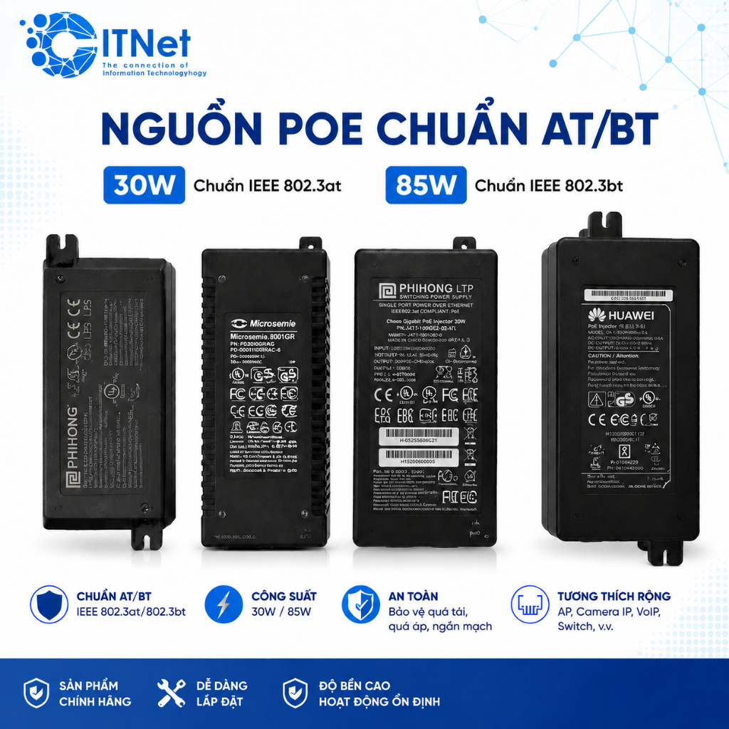 BỘ NGUỒN POE CHUẨN AT, BT  CẤP NGUỒN CHO WIFI ARUBA - AEROHIVE - UNIFI - RUCKUS
